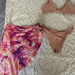 Ribbed Mauve Bikini Set with Floral Sarong